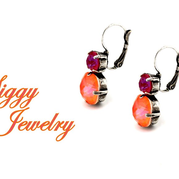 Citrus Punch Neon Orange and Fuchsia Double Drop Earrings in Antique Silver - Picture 5 of 5